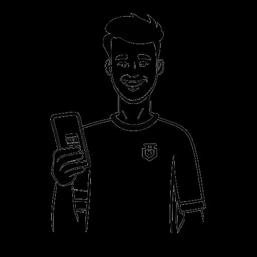 Strichzeichnung von MrTrashpack, ein Mann, der ein Smartphone mit transfermarkt.de hält, mit einem Werder Bremen-Logo im Hintergrund angezeigt.