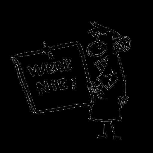 Strichzeichnung von MrTrashpack, ein Mann, der einen Kalender hält, auf dem die Wörter 'WuzzUp!?' und 'Deadline verpasst' angezeigt sind.