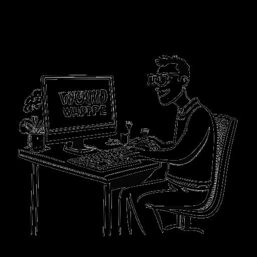 Strichzeichnung von MrTrashpack, ein Mann, der vor einem Computer sitzt, auf dem verschiedene 'WuzzUp!?'-Intros angezeigt werden.