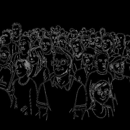 Strichzeichnung von MrTrashpack, ein Mann, der an einer Konvention teilnimmt, mit anderen YouTubern und Fans um ihn herum angezeigt.