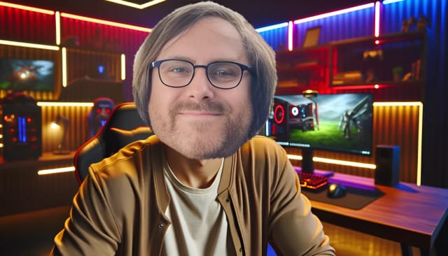 MrTrashpack, a light-skinned male with an average build, sitting in a gaming room with a confident smile. He is surrounded by gaming equipment and colorful LED lights. In the background, there is a computer named "NUKLEAR U-BOOT" on the desk.