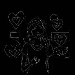 Disegno in stile line art di una donna, simboleggiante Brooke Monk, al centro di un riflettore con motivi che includono un cuore, un regalo confezionato e un'outline di una casa, alludendo alla sua natura generosa e all'affiliazione all'Hype House, su sfondo bianco.
