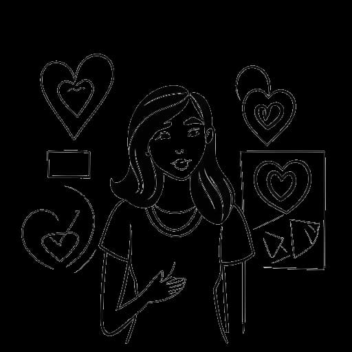 Disegno in stile line art di una donna, simboleggiante Brooke Monk, al centro di un riflettore con motivi che includono un cuore, un regalo confezionato e un'outline di una casa, alludendo alla sua natura generosa e all'affiliazione all'Hype House, su sfondo bianco.