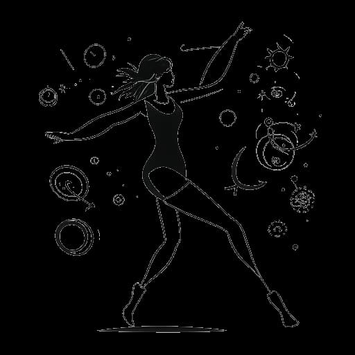 Disegno in stile line art di una donna, rappresentante Brooke Monk, in una vivace posa da ballo con vari icona dei social media che la circondano, il tutto su sfondo bianco.