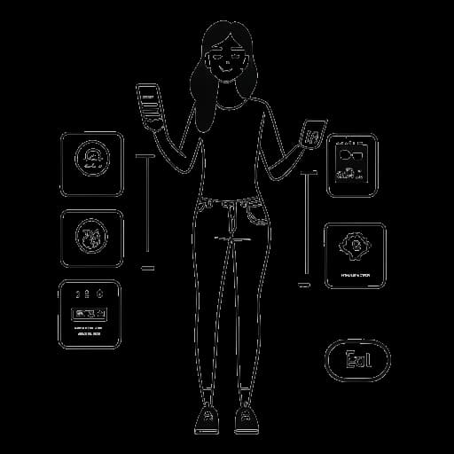 Lijnkunst van een vrouw, die Brooke Monk vertegenwoordigt, casual gekleed, met een telefoon ontvangt ze overvloedige liefde op sociale media, en haar eigen kledinglijn is zichtbaar, evenals het embleem van een gerenommeerd talentenbureau dat haar ondernemers- en influenceractiviteiten illustreert.