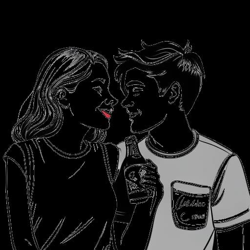 Lijntekening van een jong stel dat Brooke Monk en haar vriend Sam Dezz vertegenwoordigt, terwijl ze hun eenjarig jubileum vieren met Coca-Cola.