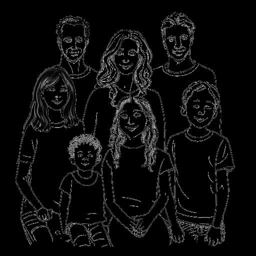Lijntekening van een gezin dat Brooke Monk's familie vertegenwoordigt, met zes kinderen, waaronder Brooke in het midden.