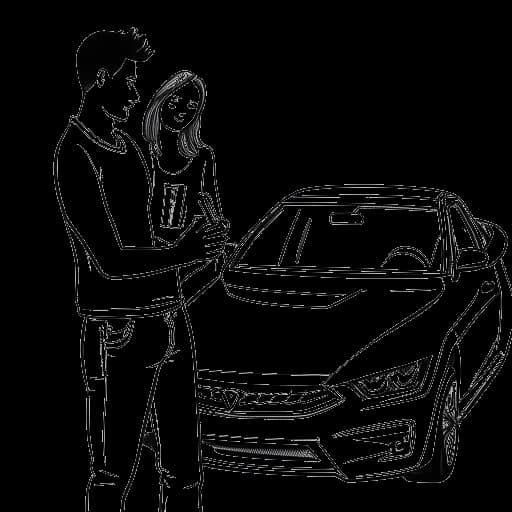 Lijntekening van een jonge vrouw die Brooke Monk vertegenwoordigt, die haar vriend Sam verrast met zijn droomauto en iPhones cadeau geeft aan haar ouders.