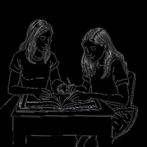 Lijntekening van twee jonge vrouwen die Brooke Monk en haar zus Audra vertegenwoordigen, studerend aan hun thuisschoolbureaus.