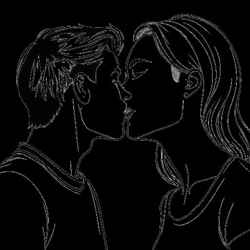 Lijntekening van een jong stel dat Brooke Monk en haar vriend Sam Dezz vertegenwoordigt, die een kusfoto delen.