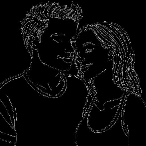 Lijntekening van een jong stel dat Brooke Monk en haar vriend Sam Dezz vertegenwoordigt, terwijl ze genieten van hun leven in Los Angeles, Californië.