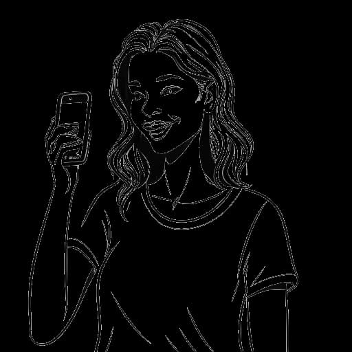 Lijntekening van een jonge vrouw die Brooke Monk vertegenwoordigt, met een smartphone in de hand en lip-sync, dans- en komische inhoud creërend op TikTok.