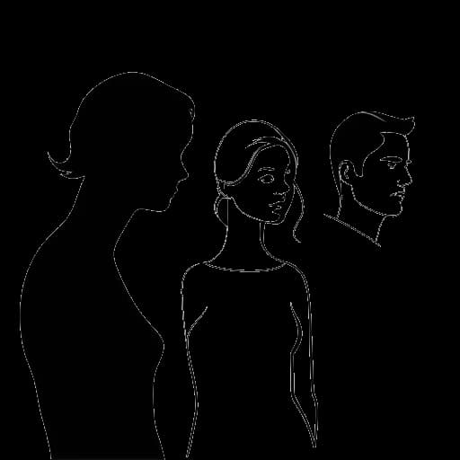 Disegno in stile line art di una donna, che rappresenta Alissa Violet, con due sagome maschili sullo sfondo