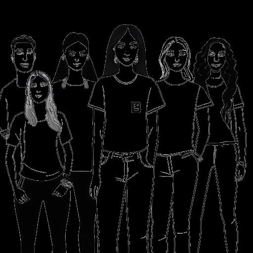 Disegno in stile line art di una donna, che rappresenta Alissa Violet, indossando una maglietta con il numero 10, circondata da un gruppo diversificato di influencer digitali