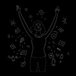 Line art drawing of a woman representing Miranda Cohen celebrating success, with social media icons symbolizing her large online following.
