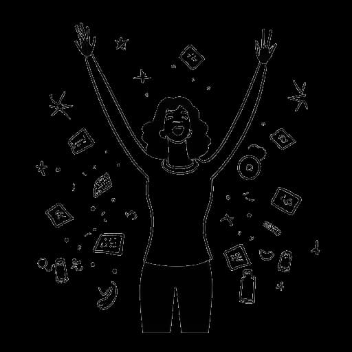 Line art drawing of a woman representing Miranda Cohen celebrating success, with social media icons symbolizing her large online following.