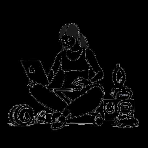 Disegno lineare di una donna, raffigurante Miranda Cohen, in posizione di fitness con pesi, accanto a un computer portatile che visualizza i social media e a pile di felpe con marchio, su sfondo bianco.