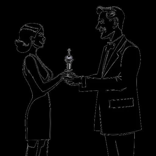 Disegno di una donna, che rappresenta Miranda Cohen, che riceve un premio da un uomo.