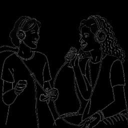 Dibujo artístico de una mujer que representa a Sofia Franklyn, participando en una animada discusión con una amiga, mostrando confianza y autenticidad. Está rodeada de micrófonos y equipo de grabación en un montaje de podcasting, sobre un fondo blanco.