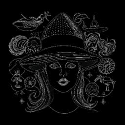 Dibujo artístico de una mujer que encarna a Sofia Franklyn, irradiando confianza y creatividad mientras malabarea múltiples sombreros que simbolizan su diversa personalidad. Símbolos circundantes representan resiliencia y adaptabilidad, reflejando su disposición para enfrentar desafíos y nuevas oportunidades, sobre un fondo blanco.