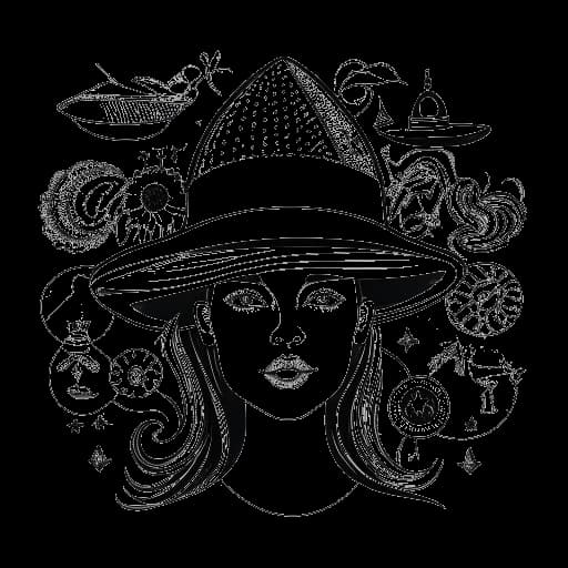 Dibujo artístico de una mujer que encarna a Sofia Franklyn, irradiando confianza y creatividad mientras malabarea múltiples sombreros que simbolizan su diversa personalidad. Símbolos circundantes representan resiliencia y adaptabilidad, reflejando su disposición para enfrentar desafíos y nuevas oportunidades, sobre un fondo blanco.