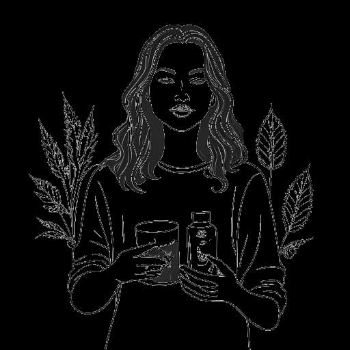 Disegno in line art di una donna, che rappresenta Sofia Franklyn, che tiene vari prodotti a base di cannabis, come la lean e gli edibles.