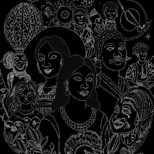 Disegno in line art di una donna, che rappresenta Sofia Franklyn, abbracciata dai suoi genitori con vari simboli culturali latini sullo sfondo.
