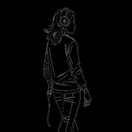 Disegno in line art di una donna, che rappresenta Sofia Franklyn, che si allontana da uno studio di podcast con espressione determinata.