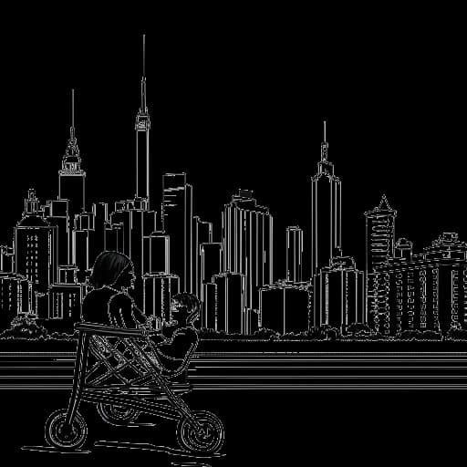 Disegno in line art di una donna, che rappresenta Sofia Franklyn, che guarda lo skyline di NYC con un passeggino mostrato in primo piano.