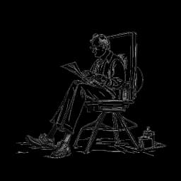 Line art of a man, symbolizing Slavik Junge (Mark Filatov), in a director's chair, focusing on a assortment of scripts that indicate his role as a producer.