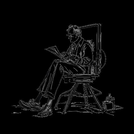 Line art of a man, symbolizing Slavik Junge (Mark Filatov), in a director's chair, focusing on a assortment of scripts that indicate his role as a producer.