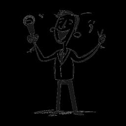 Line art of a man, representing Slavik Junge (Mark Filatov), smiling as he receives a comedy award, microphone in hand, surrounded by musical symbols.