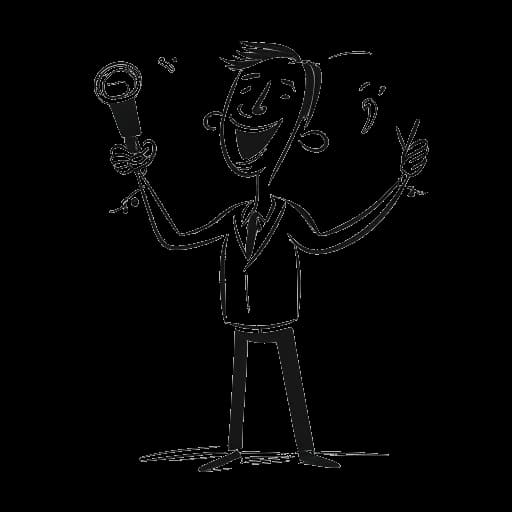 Line art of a man, representing Slavik Junge (Mark Filatov), smiling as he receives a comedy award, microphone in hand, surrounded by musical symbols.
