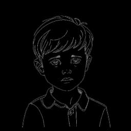 Line art of a boy, representing a young Mark Filatov (Slavik Junge), holding a toy soldier and showcasing an anxious yet resilient expression.