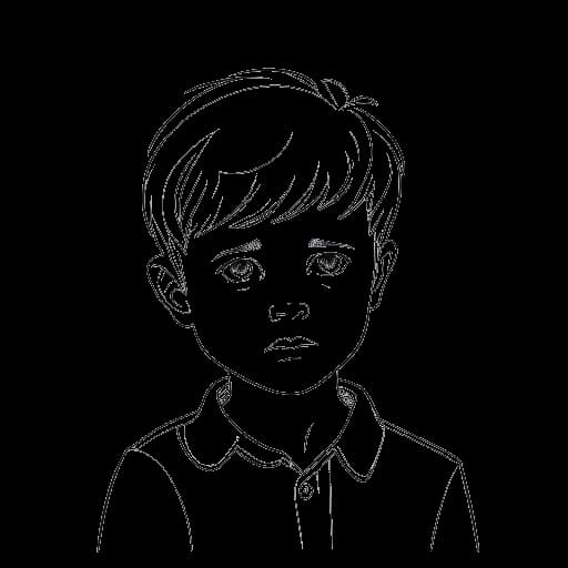 Line art of a boy, representing a young Mark Filatov (Slavik Junge), holding a toy soldier and showcasing an anxious yet resilient expression.