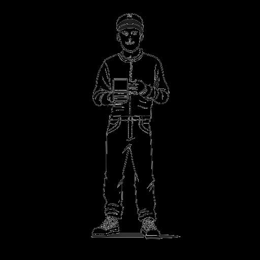 Line art drawing of a man, representing Slavik Junge (Mark Filatov), holding a comedy award trophy, wearing a tracksuit and flip-flops on a white background.