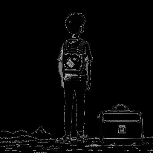 Line art drawing of a boy, representing Slavik Junge (Mark Filatov), with a suitcase, standing between a mountainous Central Asian landscape and a German flag on a white background.