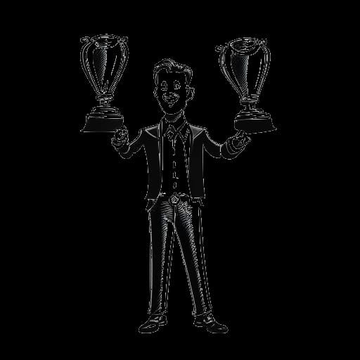 Line art drawing of a man, representing Slavik Junge (Mark Filatov), holding two comedy award trophies, with a spotlight shining on him on a white background.