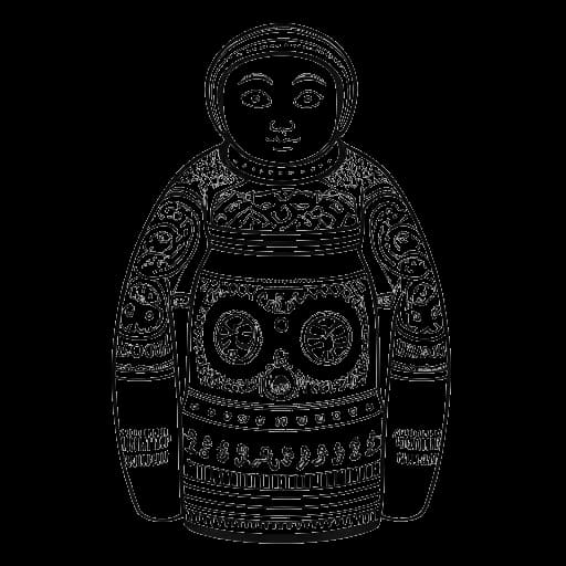 Line art drawing of a man, representing Slavik Junge (Mark Filatov), standing between a Russian matryoshka doll and a German beer stein, with both hands on his heart on a white background.