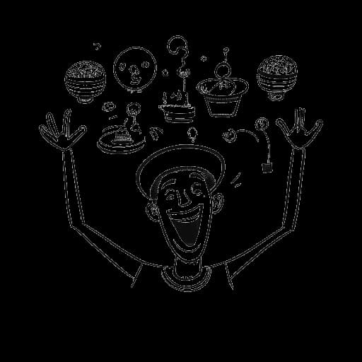 Line art drawing of a man, representing Slavik Junge (Mark Filatov), laughing while balancing various objects on his head on a white background.