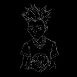 Strichzeichnung eines Teenagers, der KuchenTV darstellt und aktiv Fußball und Videospiele spielt, vor einem weißen Hintergrund.