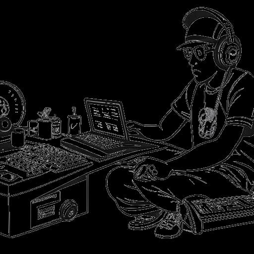 Strichzeichnung eines Mannes, der KuchenTV repräsentiert, tief in die Erstellung seines YouTube-Inhalts vertieft, während er gleichzeitig durch seine rap-themed CD-Hüllen blättert, umgeben von verstreuten T-Shirts mit seinem Logo, alles vor einem weißen Hintergrund.