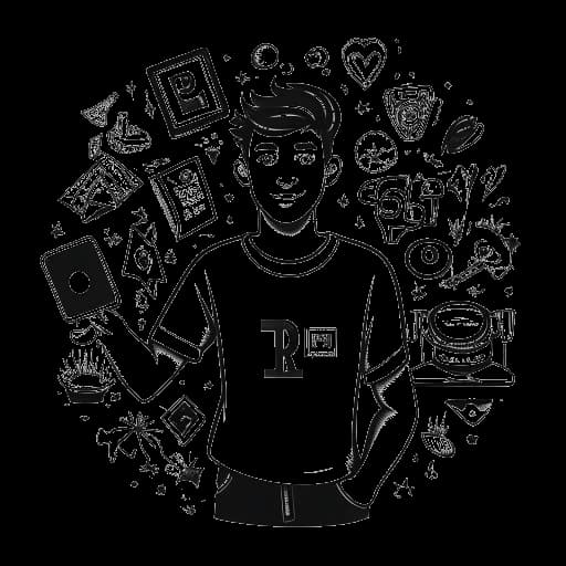 Strichzeichnung eines jungen Mannes, der KuchenTV darstellt, der einen YouTube-Play-Button mit der Zahl 1 Million hält, umgeben von verschiedenen kontroversen Symbolen.