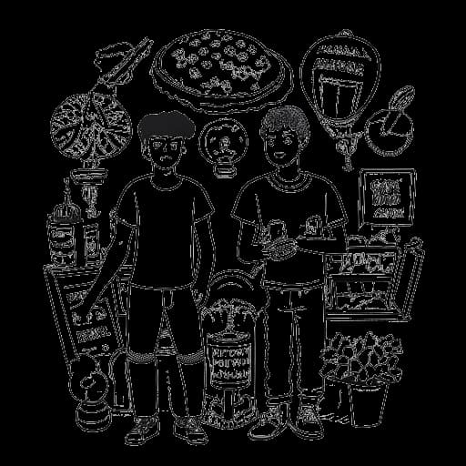 Strichzeichnung von zwei jungen Männern, die KuchenTV und EinfachManuel darstellen und ein Nahrungsmittel halten, umgeben von verschiedenen Symbolen, die mit Vergnügungspark und Veranstaltungsausschlüssen zusammenhängen.