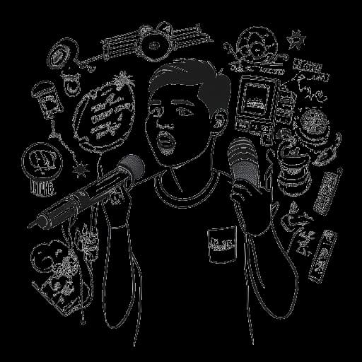 Strichzeichnung eines jungen Mannes, der KuchenTV darstellt, der ein Mikrofon hält, umgeben von verschiedenen Symbolen, die mit Slogans und Videoendungen zusammenhängen.