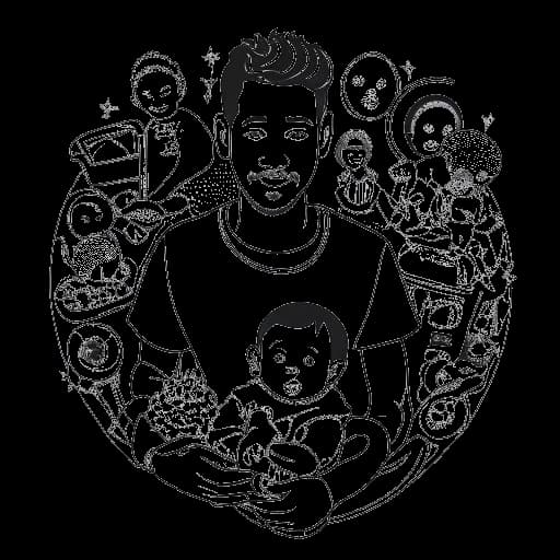 Strichzeichnung eines jungen Mannes, der KuchenTV darstellt, der ein Baby hält, umgeben von verschiedenen Symbolen, die mit Vaterschaft und Familie zusammenhängen.