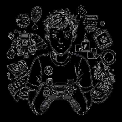 Strichzeichnung eines jungen Mannes, der KuchenTV darstellt, der einen Videospielcontroller hält, umgeben von verschiedenen Videospiel-Symbolen.