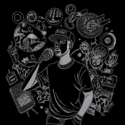 Strichzeichnung eines jungen Mannes, der KuchenTV darstellt, der ein Mikrofon hält, umgeben von verschiedenen Symbolen, die mit Rap-Battles und Virtual Reality zusammenhängen.