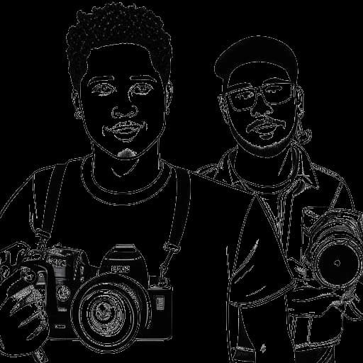 Strichzeichnung eines jungen Mannes, der KuchenTV darstellt, der eine YouTube-Kamera hält, umgeben von Bildern von Die Außenseiter, Simon Desue und Alberto.