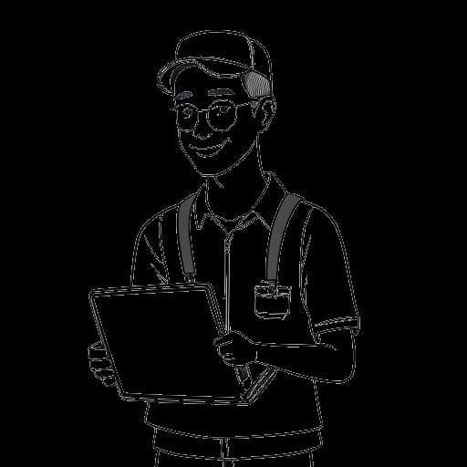 Strichzeichnung eines jungen Mannes, der KuchenTV darstellt, der eine Sozialassistentenuniform trägt, eine Kamera hält und einen Laptop von Facebook benutzt.